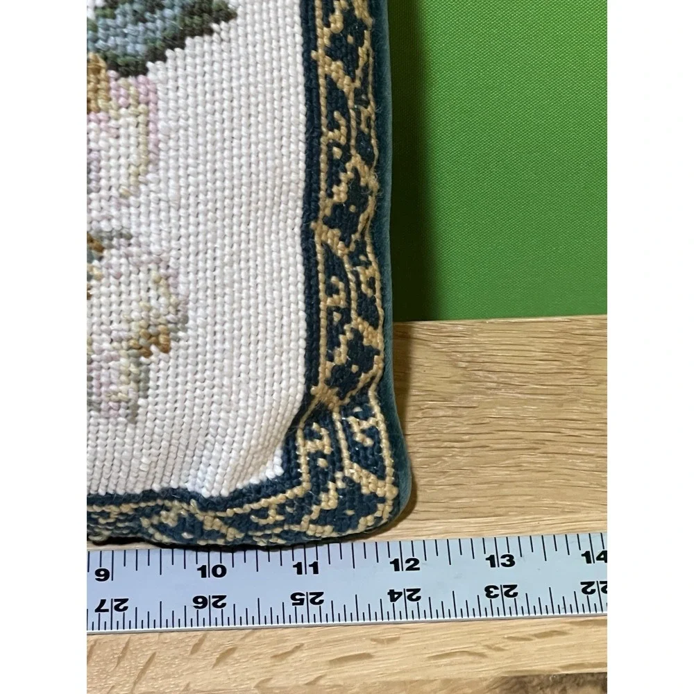 Needlepoint Magnolia & Dogwood Floral Pillow Green Velvet‎ Backing-Set 2 Vintage